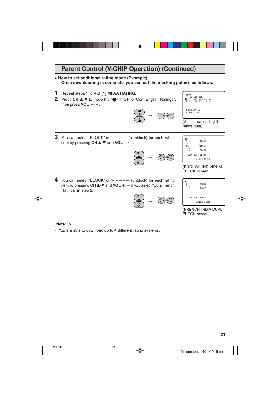 Parent control (v-chip operation) (continued) | Sharp 27F641 User Manual | Page 21 / 60