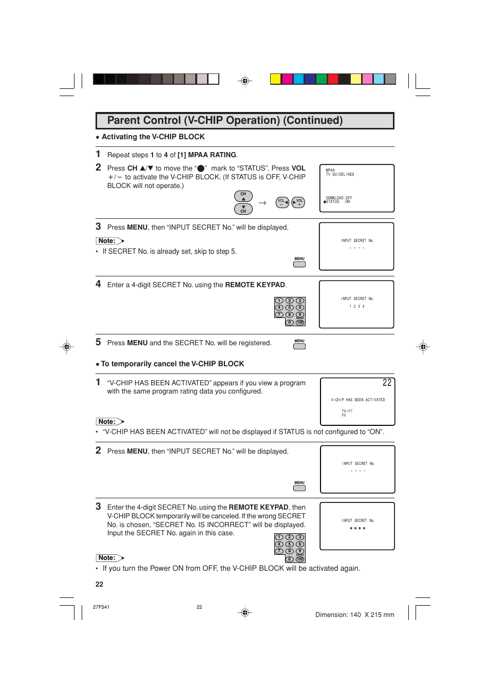 Parent control (v-chip operation) (continued) | Sharp 27F641 User Manual | Page 22 / 60