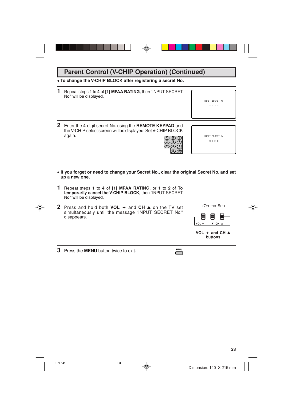 Parent control (v-chip operation) (continued) | Sharp 27F641 User Manual | Page 23 / 60