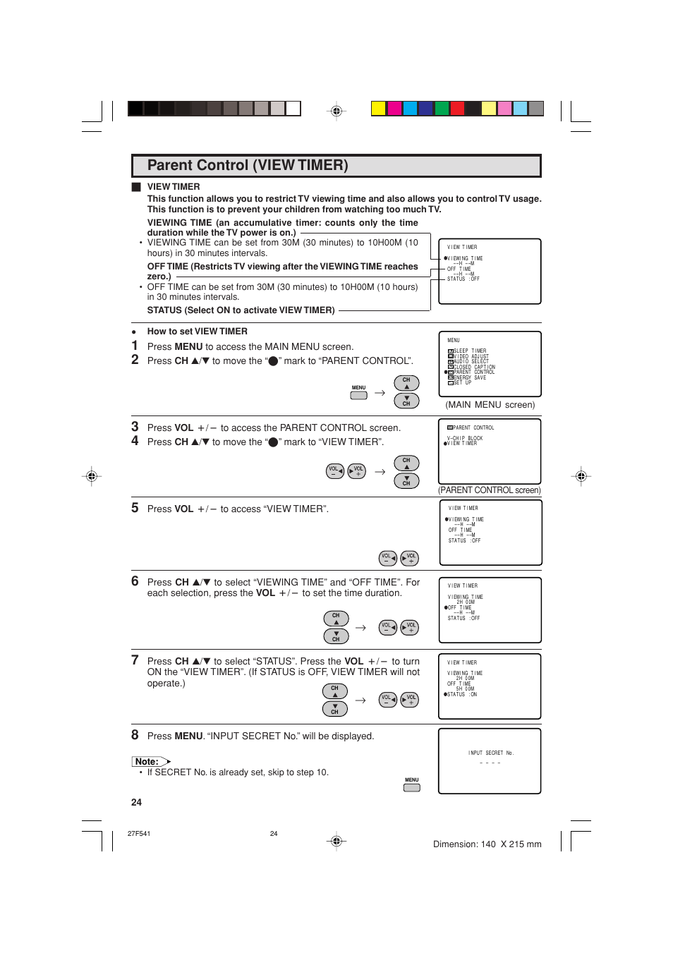 Parent control (view timer) | Sharp 27F641 User Manual | Page 24 / 60