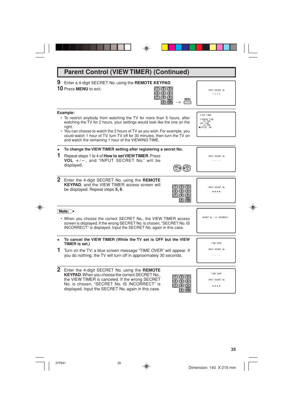 Parent control (view timer) (continued), Enter a 4-digit secret no. using the remote keypad, Press menu to exit | Sharp 27F641 User Manual | Page 25 / 60