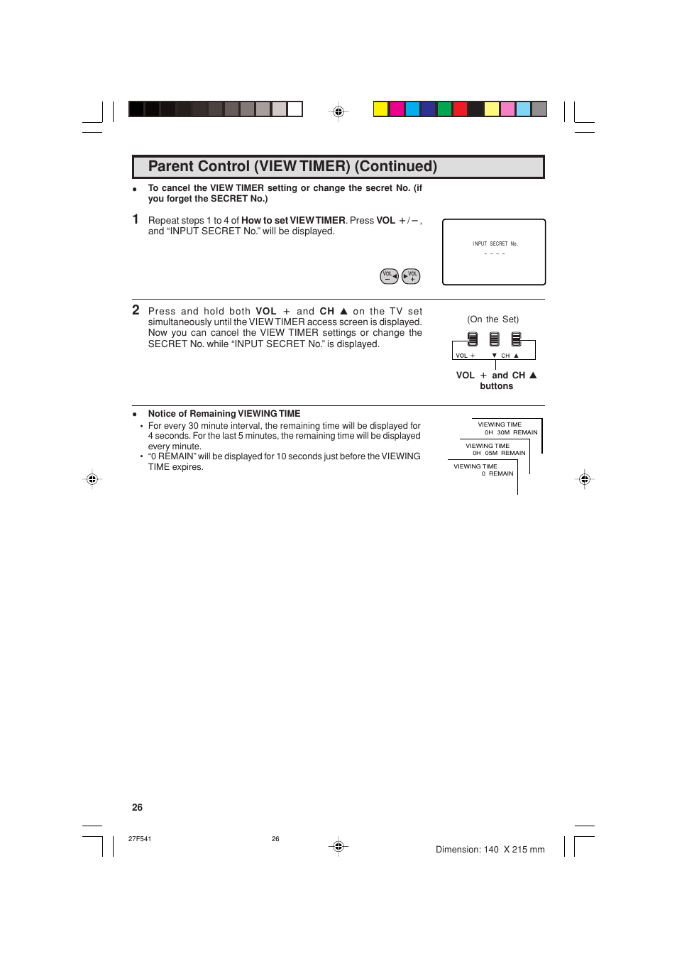 Parent control (view timer) (continued) | Sharp 27F641 User Manual | Page 26 / 60