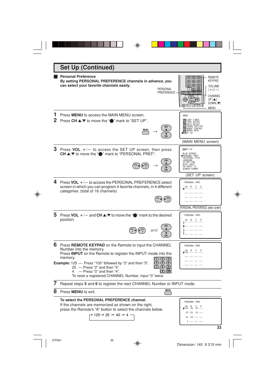 Set up (continued), Press menu to access the main menu screen, Press ch a/s to move the “e” mark to “set up | Press menu to exit | Sharp 27F641 User Manual | Page 33 / 60