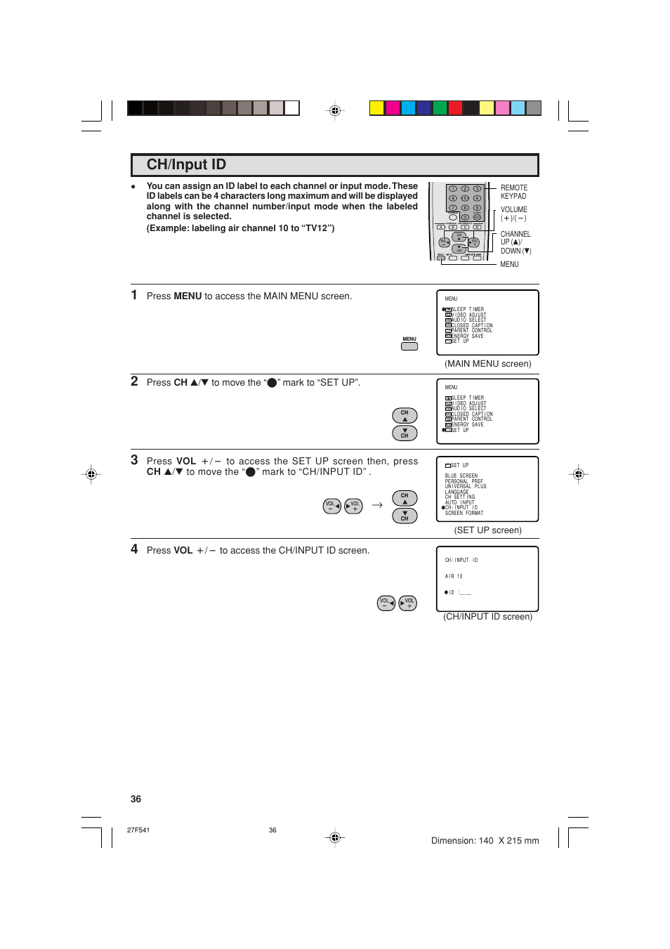 Ch/input id | Sharp 27F641 User Manual | Page 36 / 60