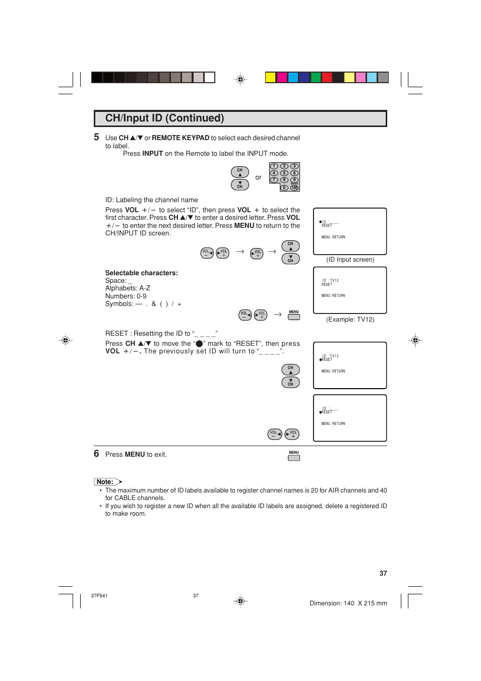 Ch/input id (continued) | Sharp 27F641 User Manual | Page 37 / 60