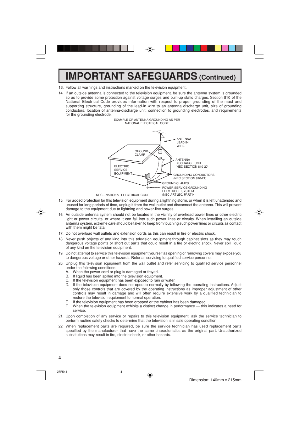 Important safeguards, Continued) | Sharp 27F641 User Manual | Page 4 / 60