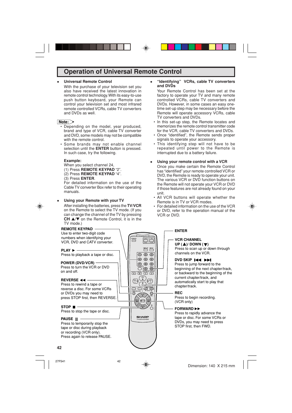 Operation of universal remote control | Sharp 27F641 User Manual | Page 42 / 60