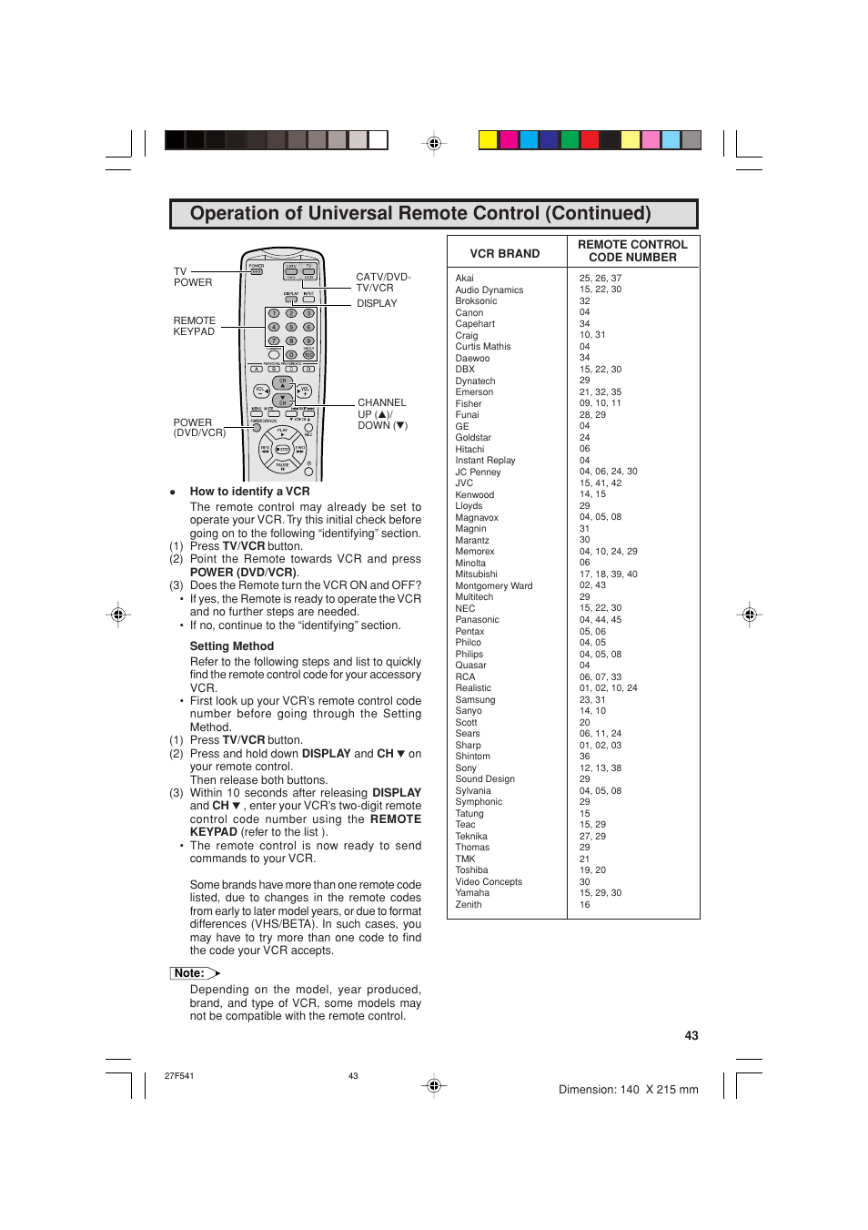 Operation of universal remote control (continued) | Sharp 27F641 User Manual | Page 43 / 60