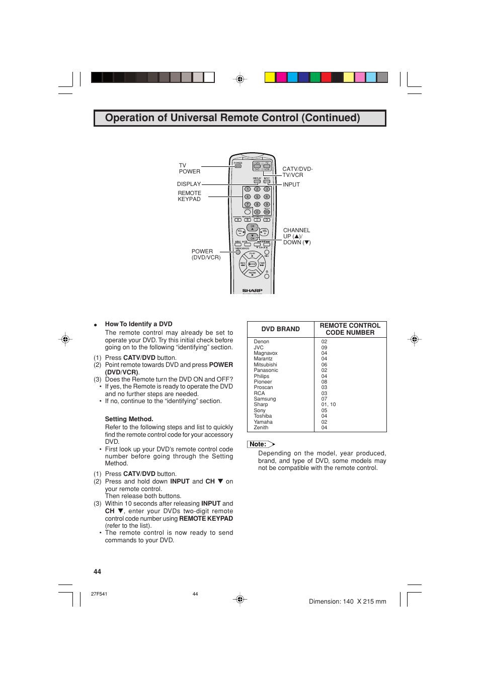 Operation of universal remote control (continued) | Sharp 27F641 User Manual | Page 44 / 60