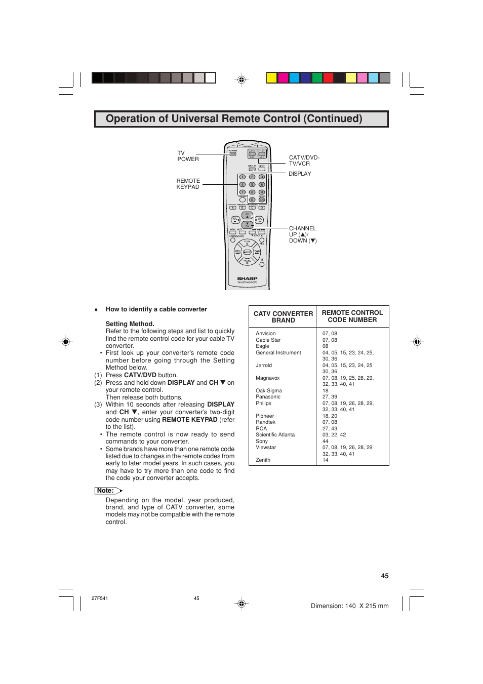 Operation of universal remote control (continued) | Sharp 27F641 User Manual | Page 45 / 60