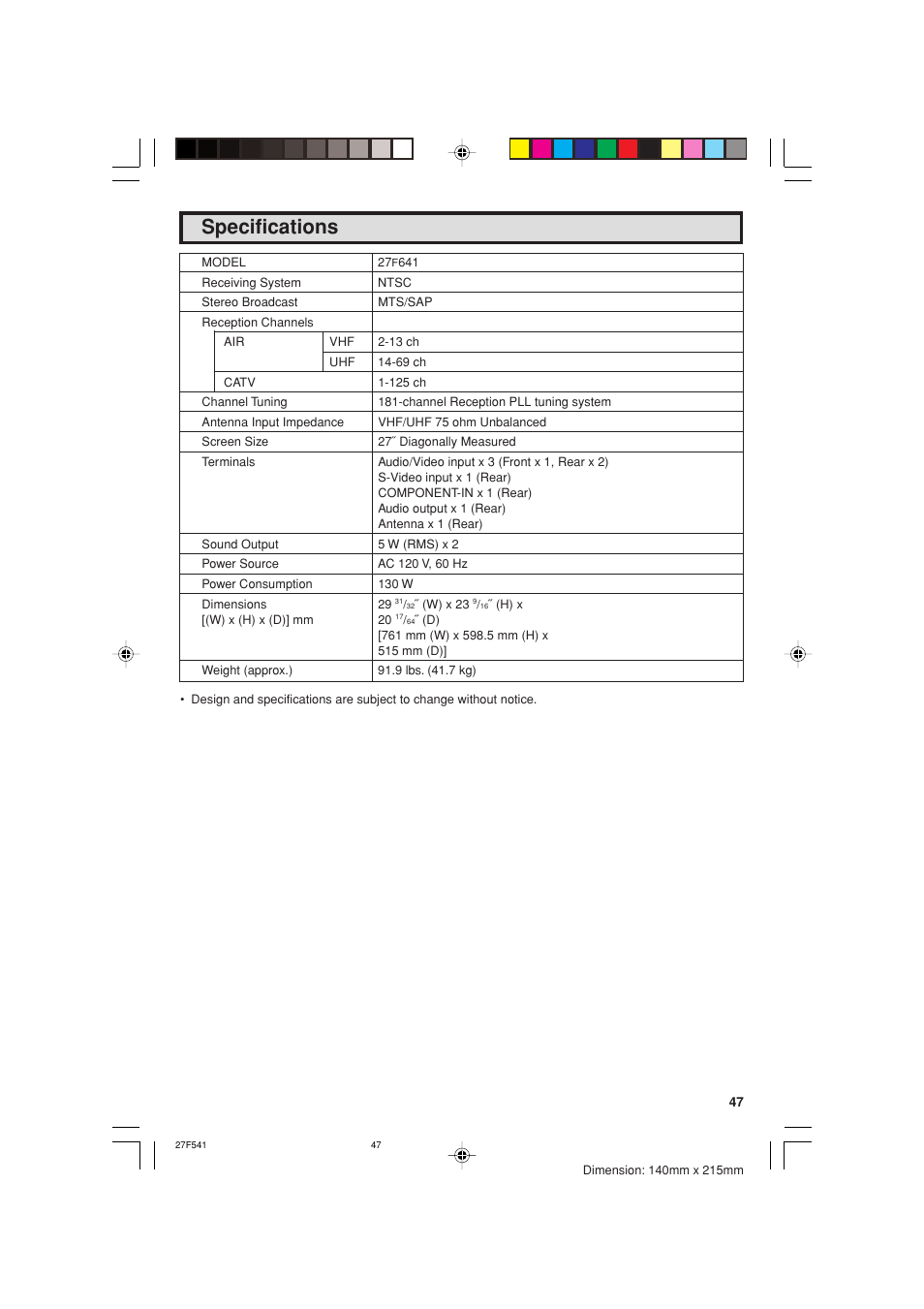 Specifications | Sharp 27F641 User Manual | Page 47 / 60