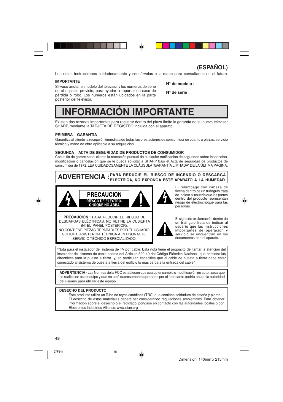 Información importante, Advertencia, Español) | Sharp 27F641 User Manual | Page 48 / 60