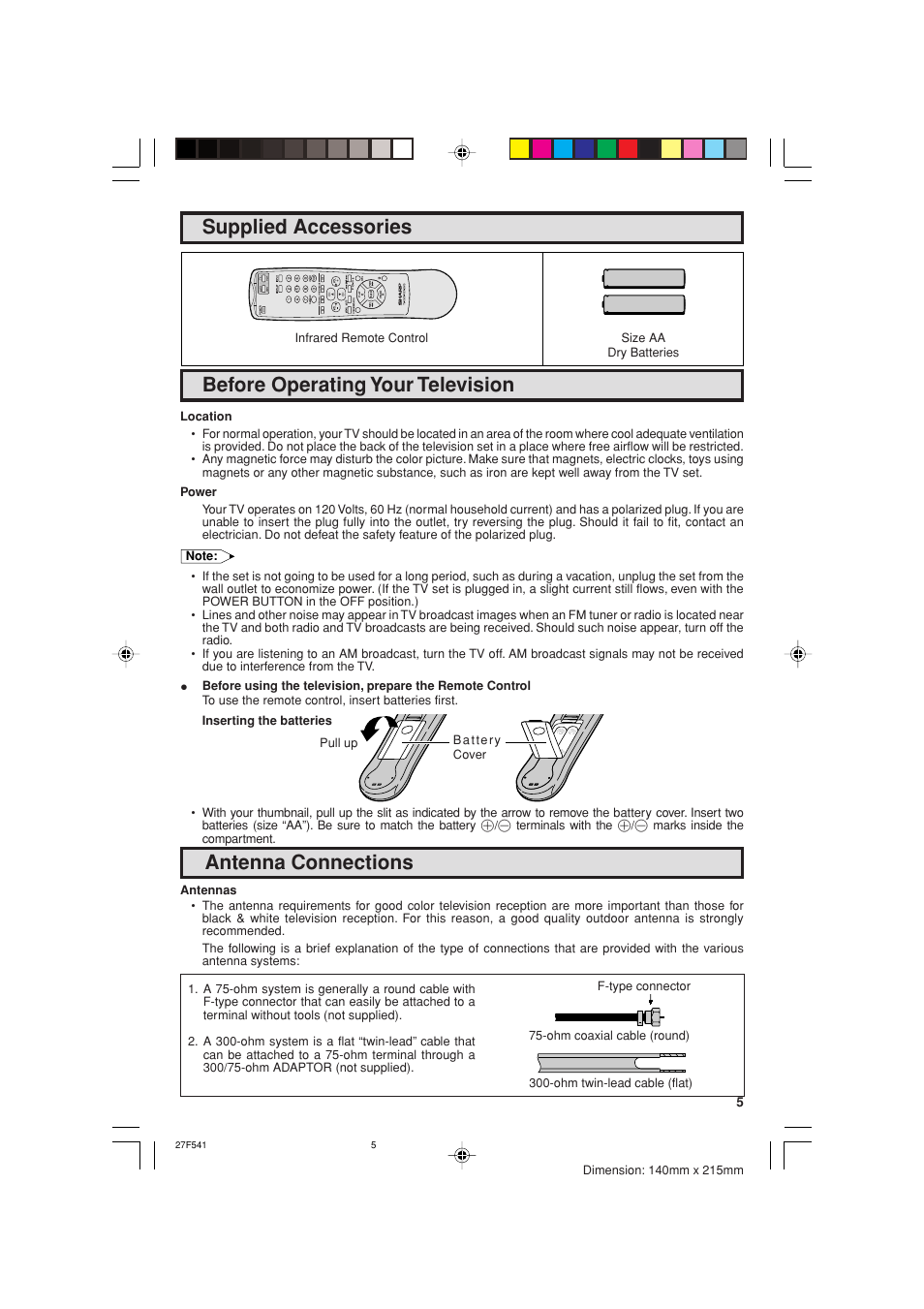 Supplied accessories, Before operating your television, Antenna connections | Sharp 27F641 User Manual | Page 5 / 60