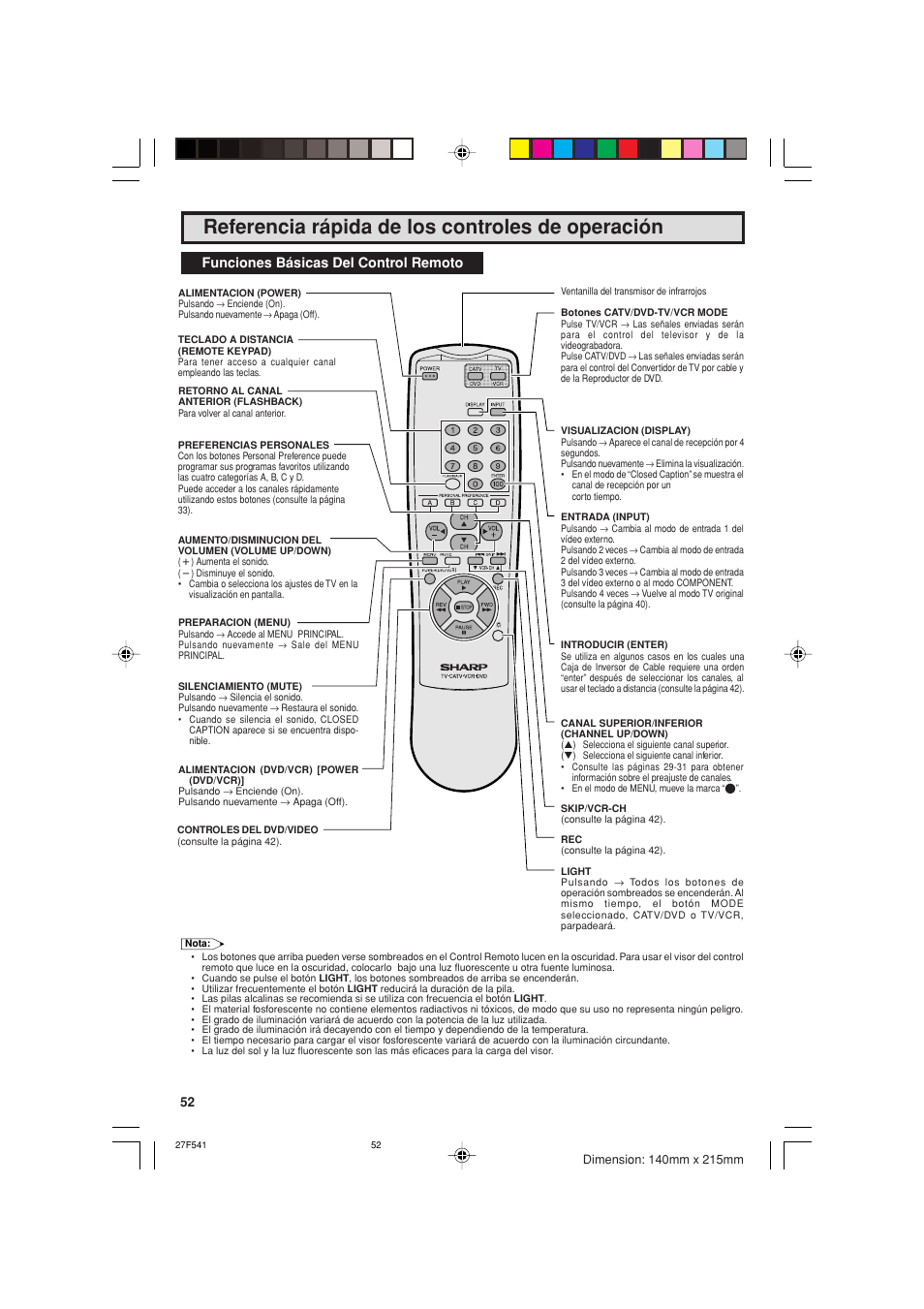 Referencia rápida de los controles de operación, Funciones básicas del control remoto | Sharp 27F641 User Manual | Page 52 / 60