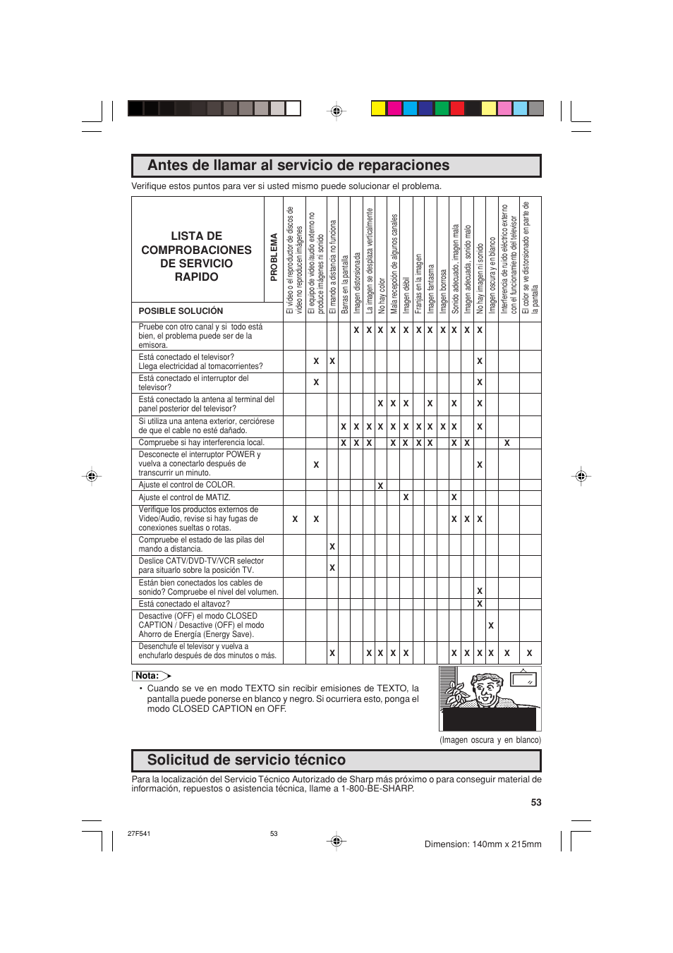 Antes de llamar al servicio de reparaciones, Solicitud de servicio técnico, Lista de comprobaciones de servicio rapido | Sharp 27F641 User Manual | Page 53 / 60