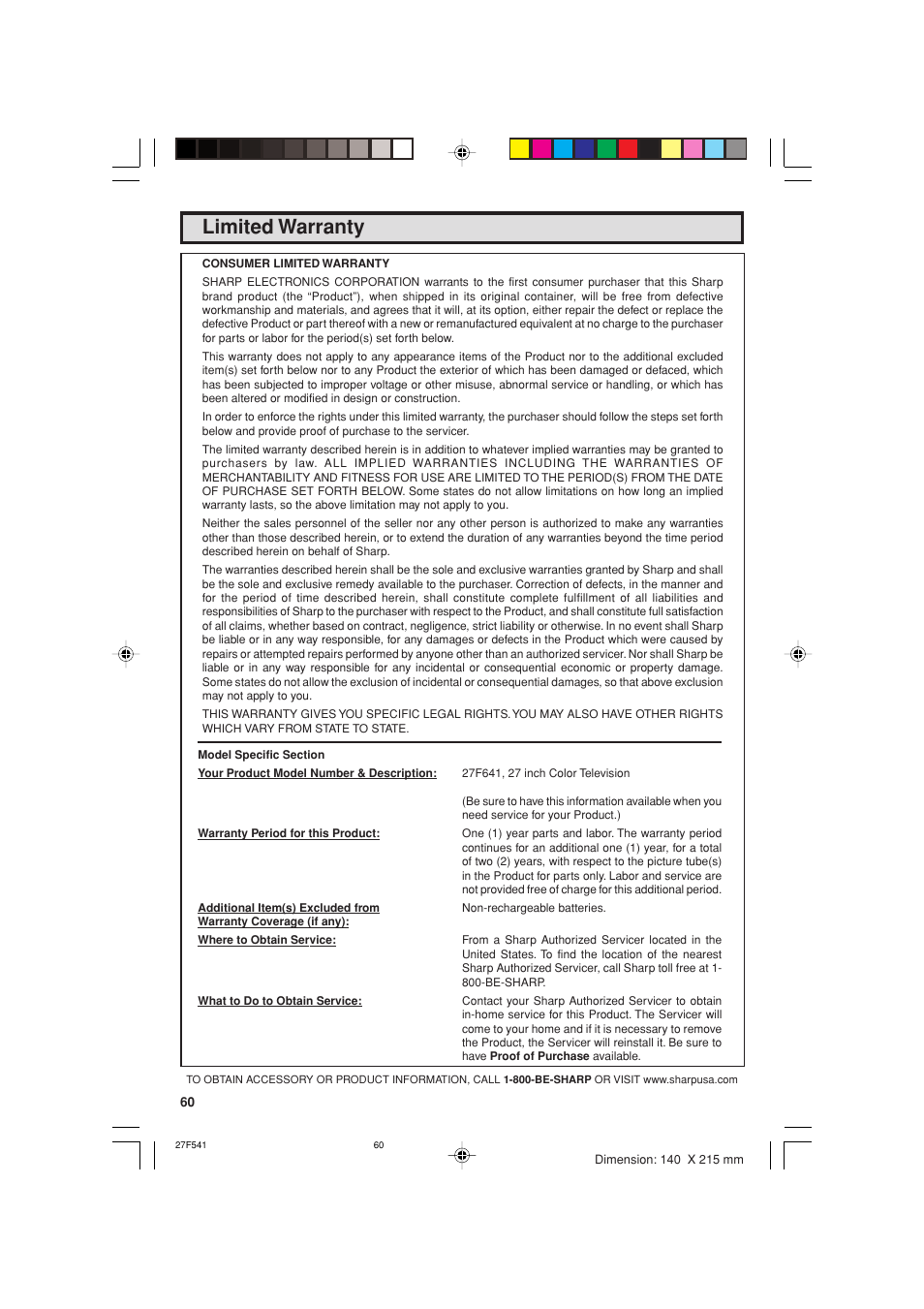 Limited warranty | Sharp 27F641 User Manual | Page 60 / 60