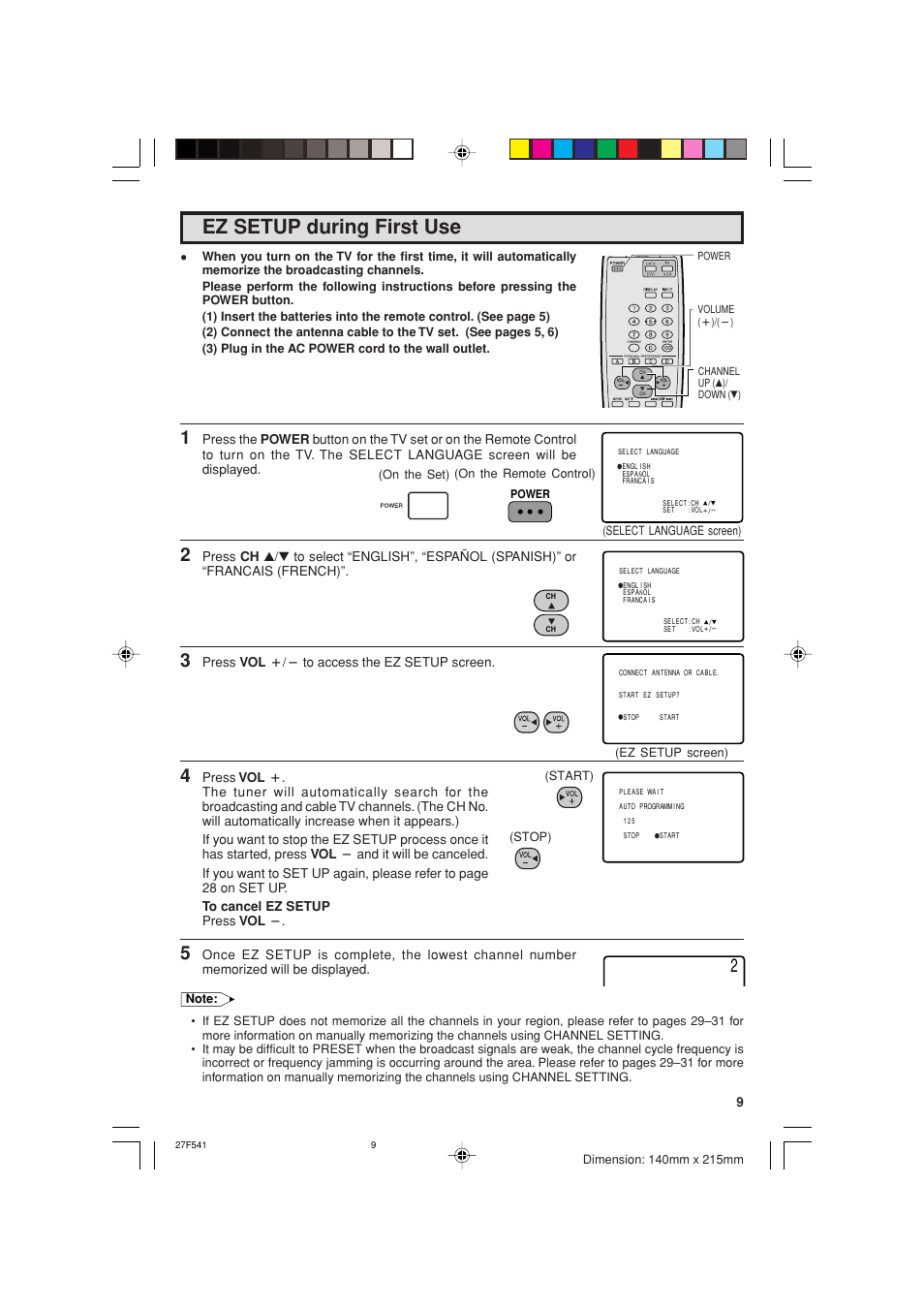 Ez setup during first use | Sharp 27F641 User Manual | Page 9 / 60