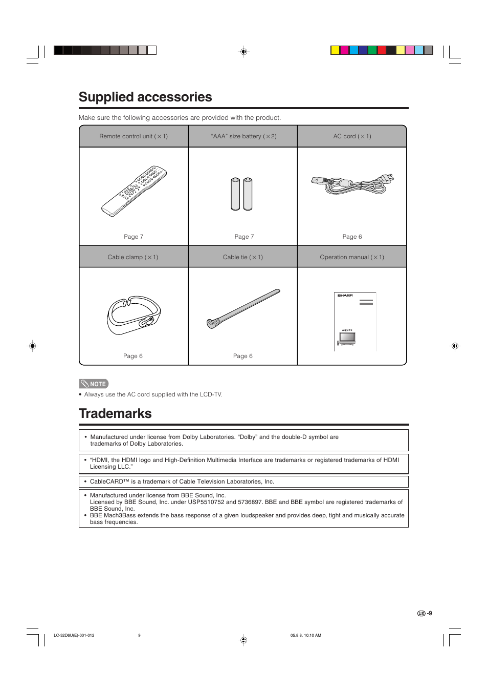 Supplied accessories, Trademarks | Sharp Aquos LC 32D6U User Manual | Page 10 / 61