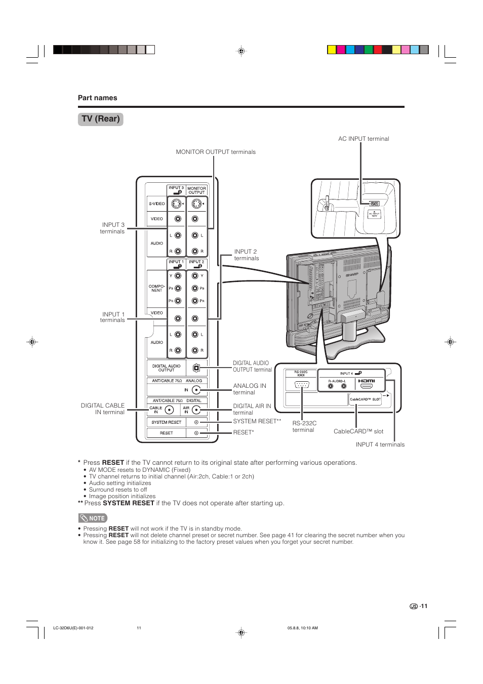 Tv (rear) | Sharp Aquos LC 32D6U User Manual | Page 12 / 61