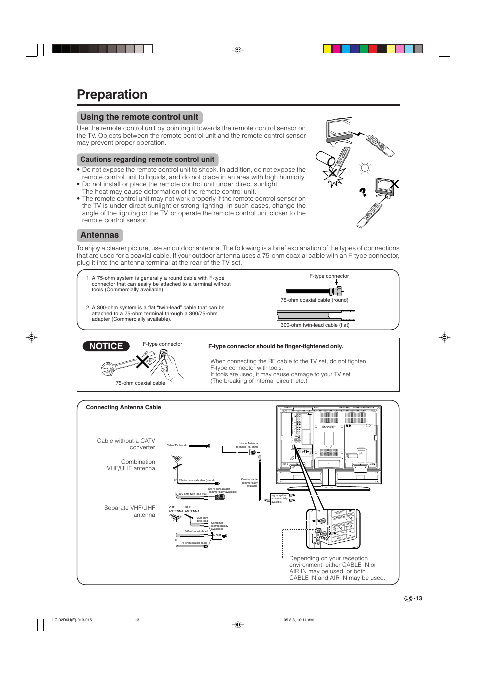 Preparation, Using the remote control unit, Cautions regarding remote control unit | Antennas, Notice | Sharp Aquos LC 32D6U User Manual | Page 14 / 61