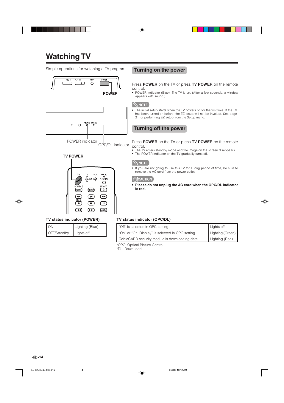 Watching tv, Turning on the power, Turning off the power | Sharp Aquos LC 32D6U User Manual | Page 15 / 61