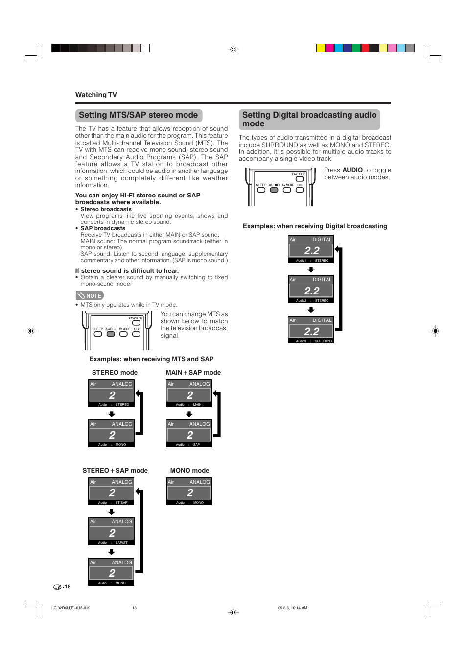 Setting mts/sap stereo mode, Setting digital broadcasting audio mode | Sharp Aquos LC 32D6U User Manual | Page 19 / 61