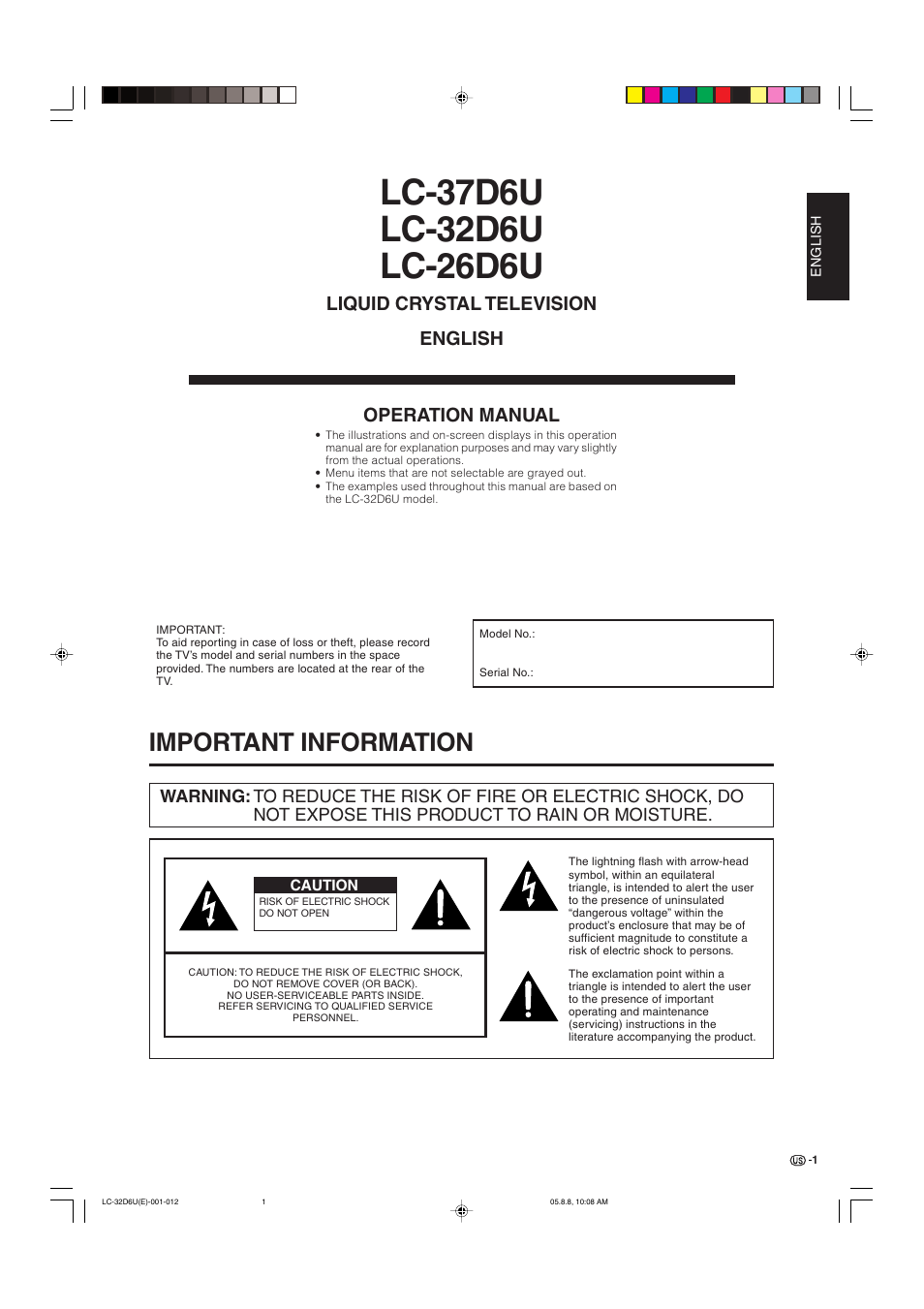Important information, Liquid crystal television english operation manual | Sharp Aquos LC 32D6U User Manual | Page 2 / 61