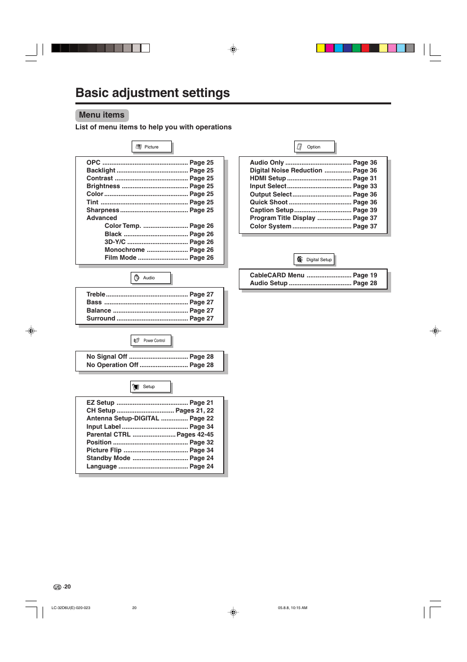 Basic adjustment settings, Menu items | Sharp Aquos LC 32D6U User Manual | Page 21 / 61