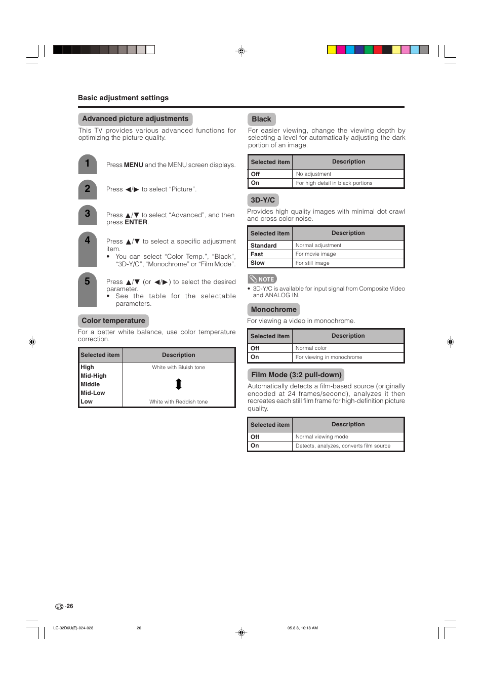 Advanced picture adjustments, Color temperature, Black | 3d-y/c, Monochrome, Film mode (3:2 pull-down) | Sharp Aquos LC 32D6U User Manual | Page 27 / 61
