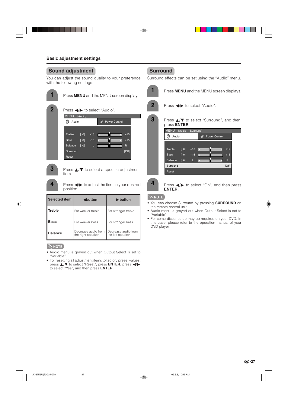 Sound adjustment, Surround | Sharp Aquos LC 32D6U User Manual | Page 28 / 61