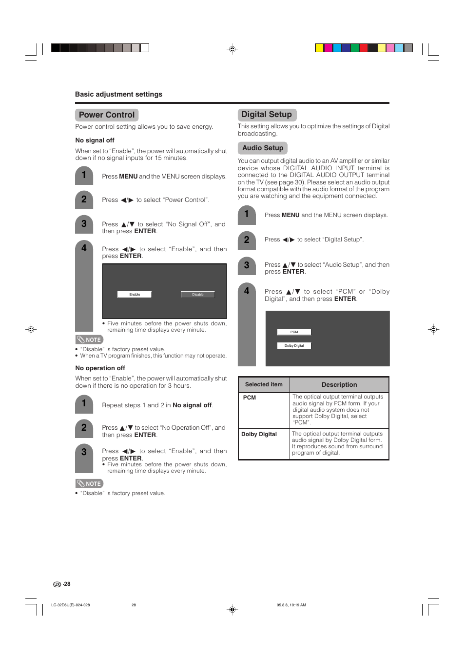 Power control, Digital setup, Audio setup | Sharp Aquos LC 32D6U User Manual | Page 29 / 61