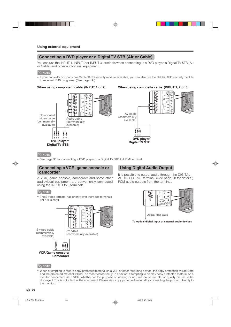 Connecting a vcr, game console or camcorder, Using digital audio output | Sharp Aquos LC 32D6U User Manual | Page 31 / 61