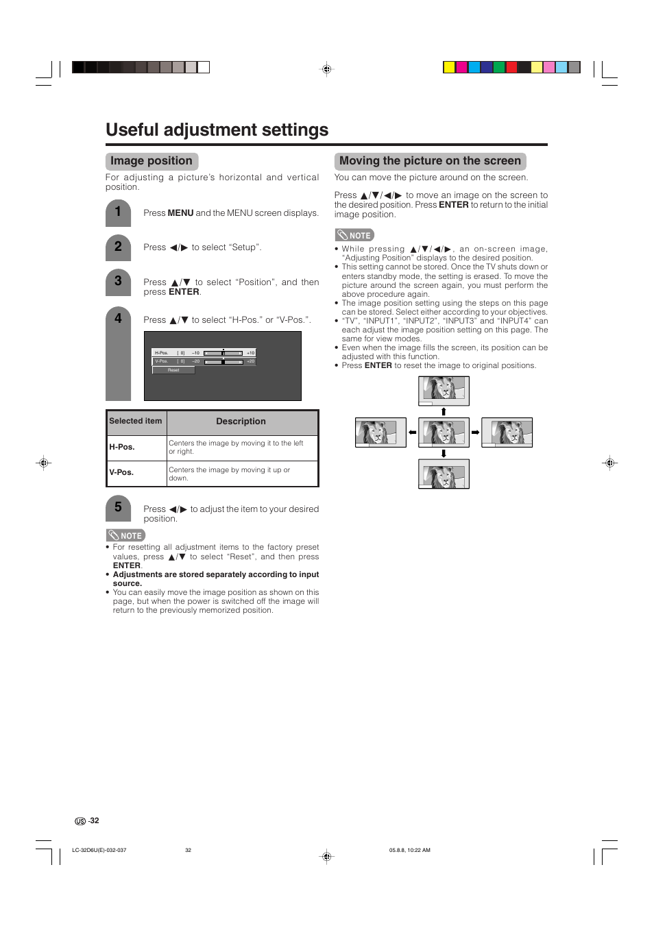 Useful adjustment settings, Image position, Moving the picture on the screen | Sharp Aquos LC 32D6U User Manual | Page 33 / 61