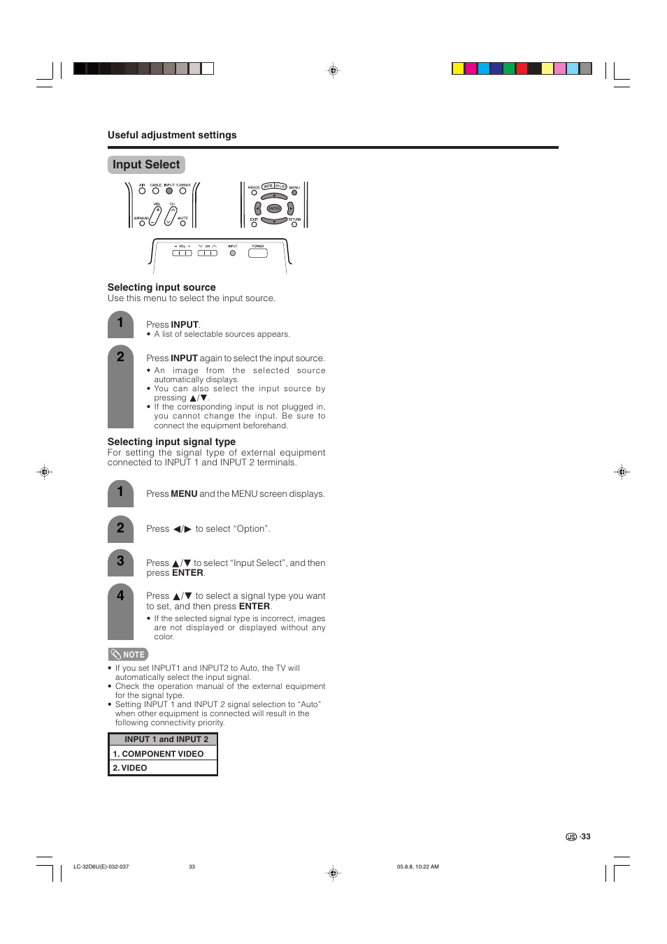 Input select | Sharp Aquos LC 32D6U User Manual | Page 34 / 61