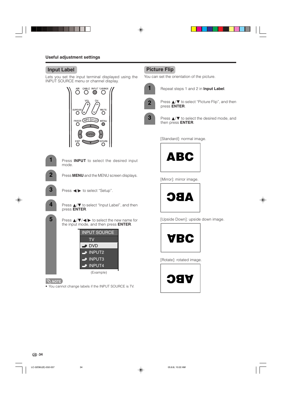 Input label, Picture flip | Sharp Aquos LC 32D6U User Manual | Page 35 / 61