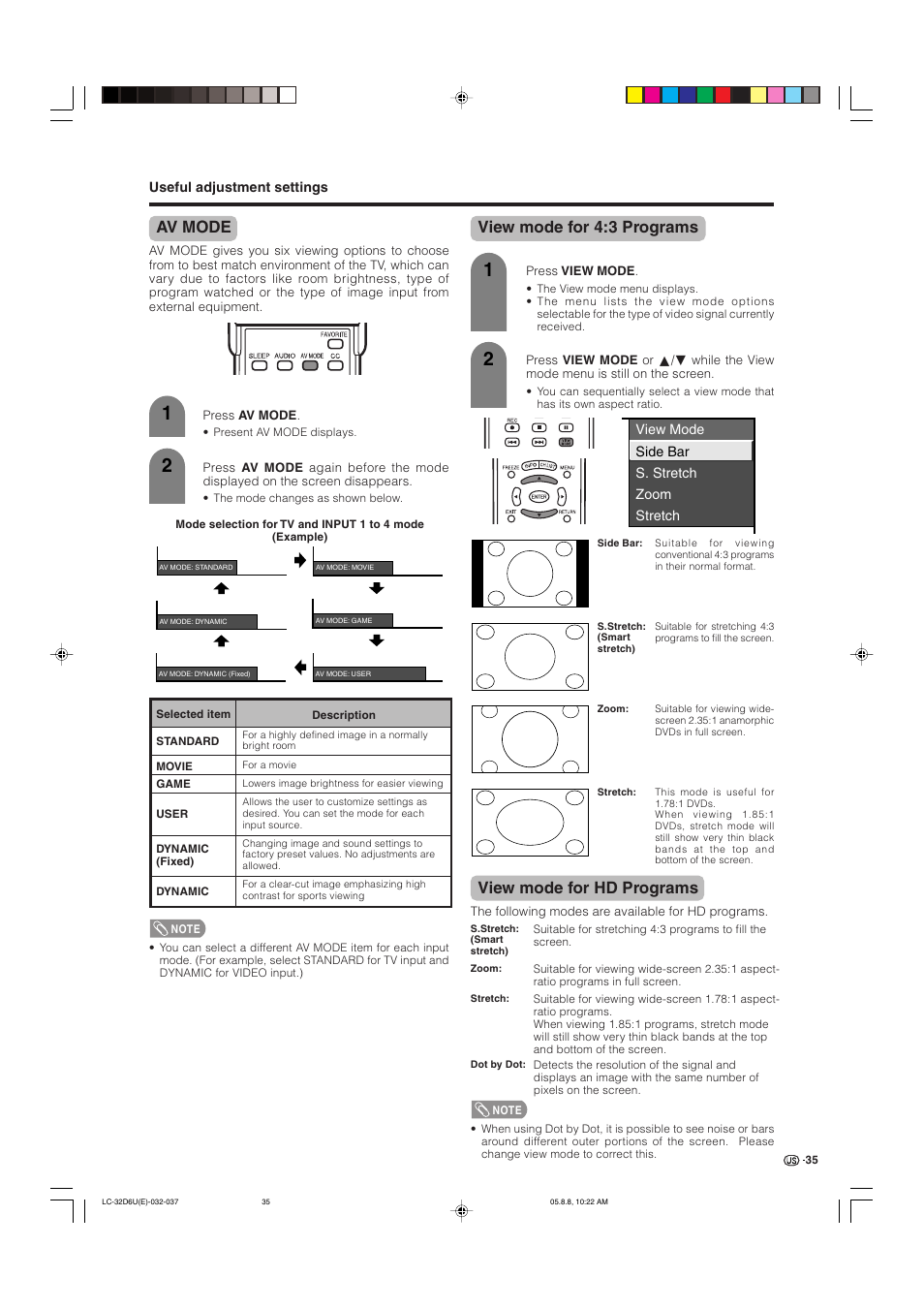 Av mode, View mode for 4:3 programs, View mode for hd programs | Sharp Aquos LC 32D6U User Manual | Page 36 / 61