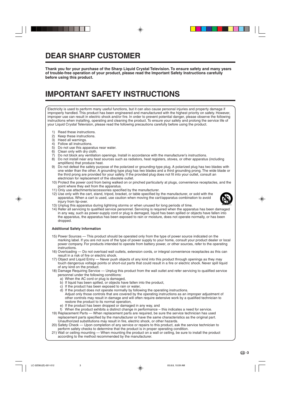 Dear sharp customer, Important safety instructions | Sharp Aquos LC 32D6U User Manual | Page 4 / 61