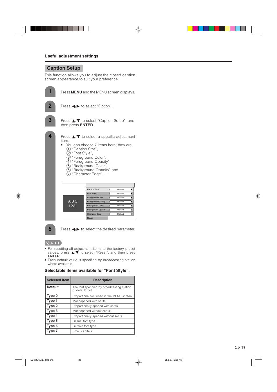 Caption setup | Sharp Aquos LC 32D6U User Manual | Page 40 / 61