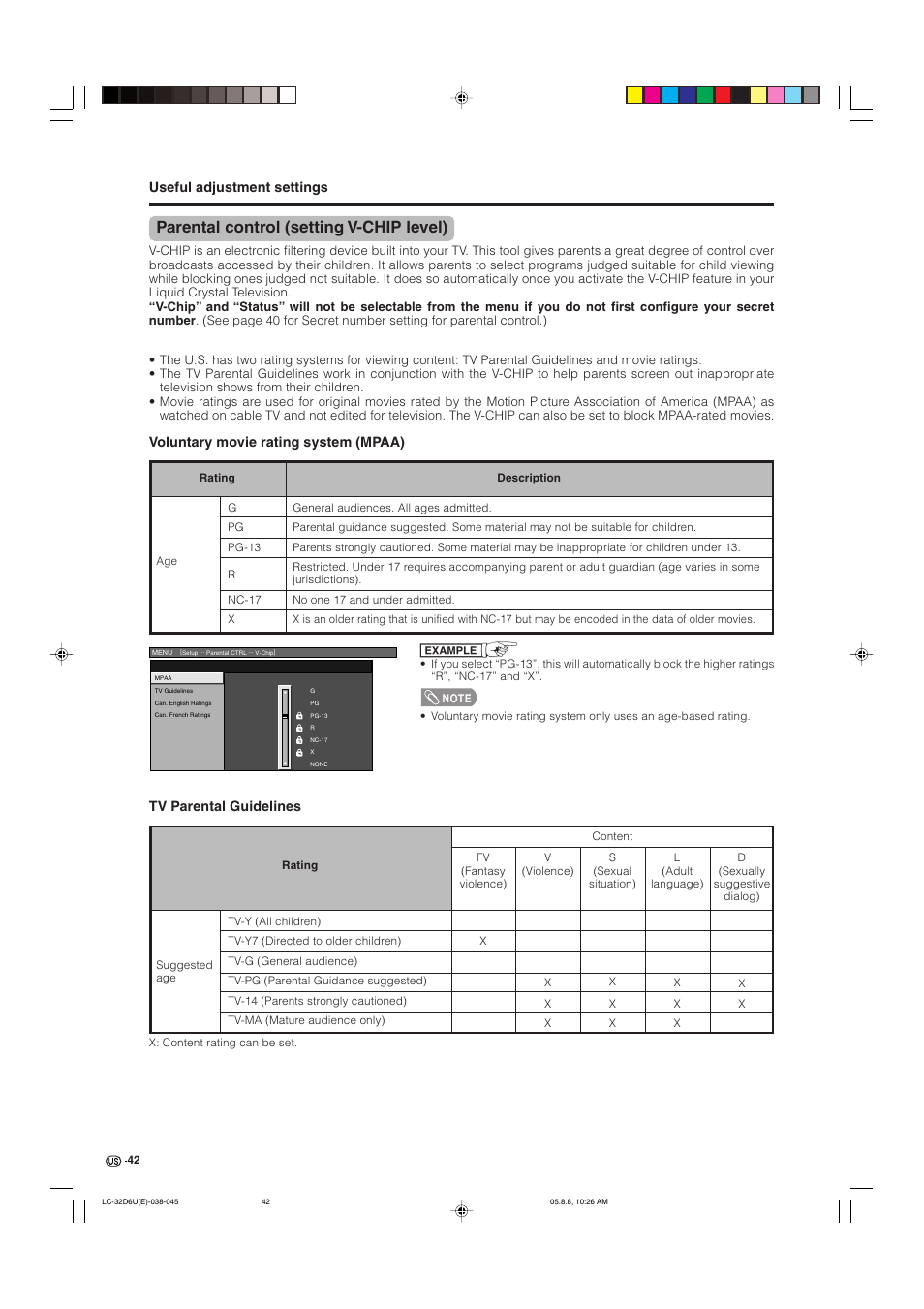 Parental control (setting v-chip level), Useful adjustment settings, Voluntary movie rating system (mpaa) | Tv parental guidelines | Sharp Aquos LC 32D6U User Manual | Page 43 / 61