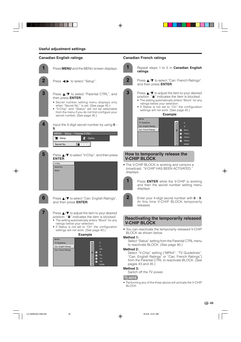 How to temporarily release the v-chip block, Reactivating the temporarily released v-chip block | Sharp Aquos LC 32D6U User Manual | Page 46 / 61