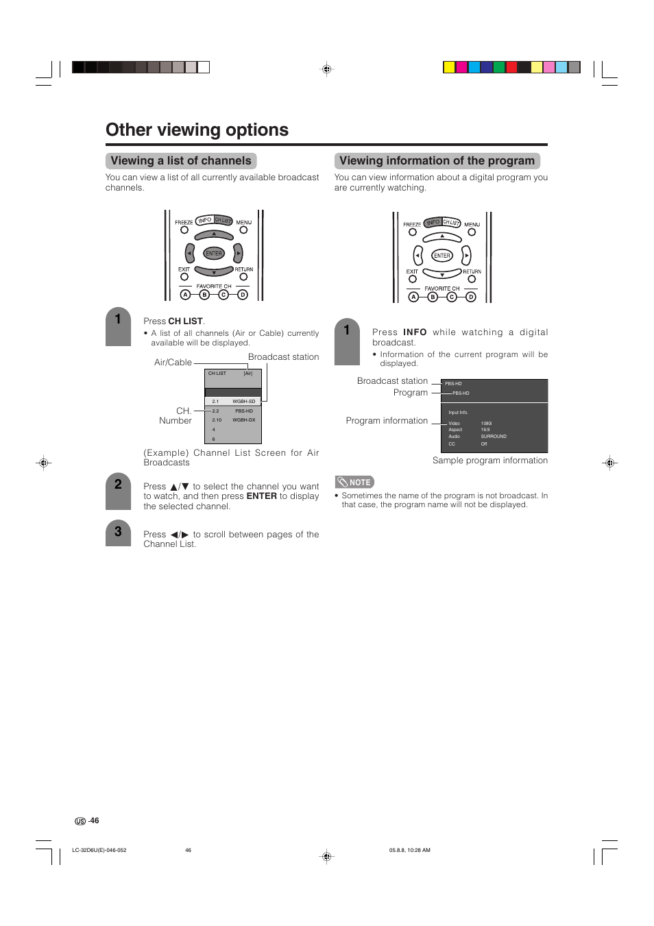 Other viewing options, Viewing a list of channels, Viewing information of the program | Sharp Aquos LC 32D6U User Manual | Page 47 / 61