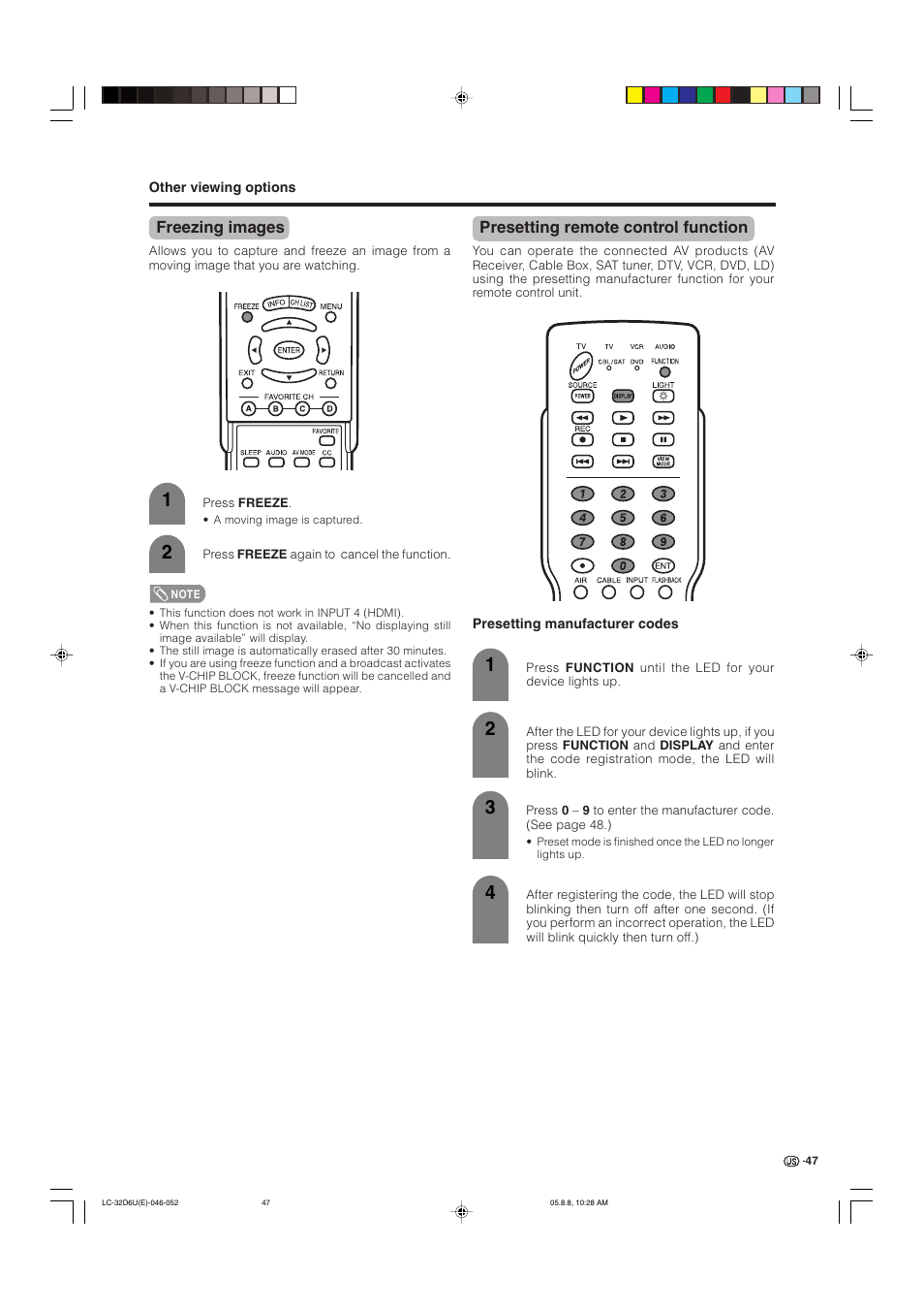 Freezing images, Presetting remote control function | Sharp Aquos LC 32D6U User Manual | Page 48 / 61