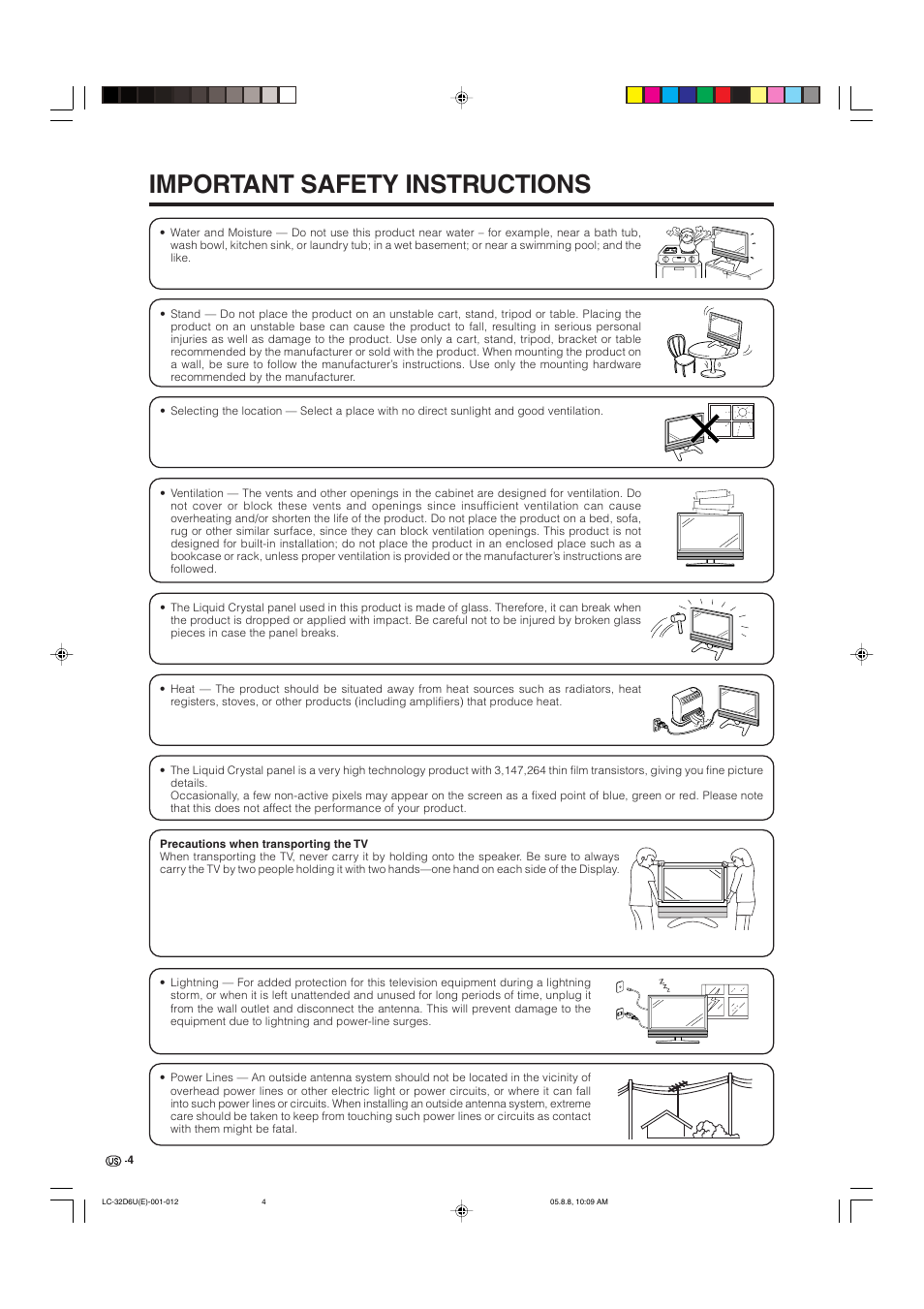 Important safety instructions | Sharp Aquos LC 32D6U User Manual | Page 5 / 61