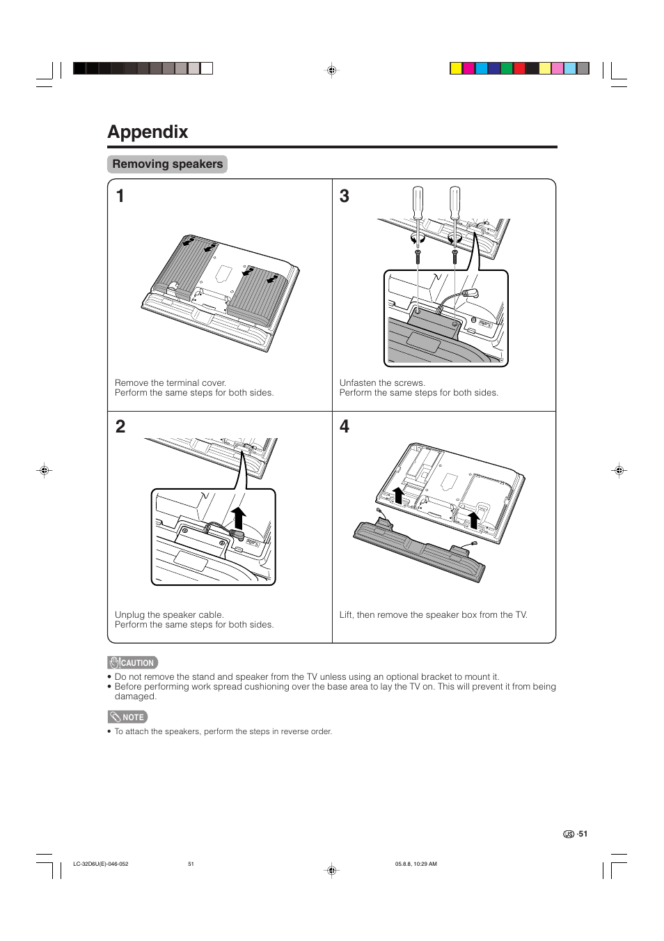Appendix, Removing speakers | Sharp Aquos LC 32D6U User Manual | Page 52 / 61
