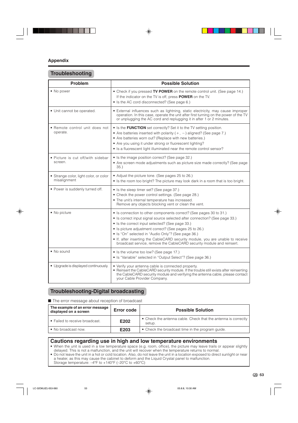 Troubleshooting, Troubleshooting-digital broadcasting | Sharp Aquos LC 32D6U User Manual | Page 54 / 61