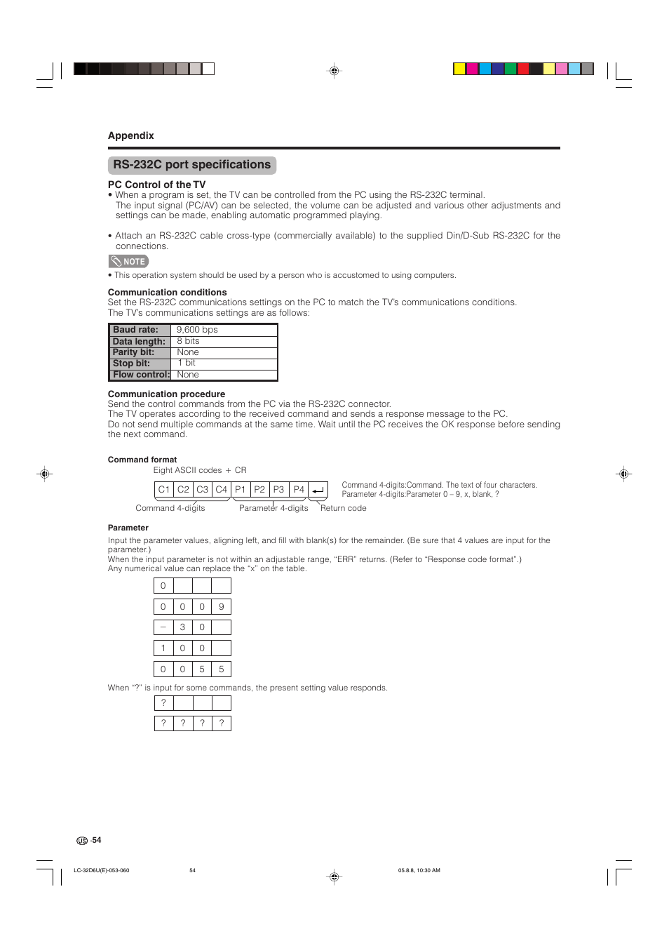 Rs-232c port specifications | Sharp Aquos LC 32D6U User Manual | Page 55 / 61
