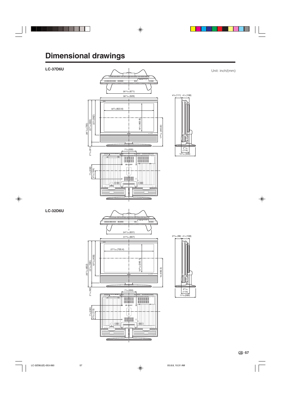 Dimensional drawings, Lc-37d6u, Lc-32d6u | Unit: inch/(mm) | Sharp Aquos LC 32D6U User Manual | Page 58 / 61