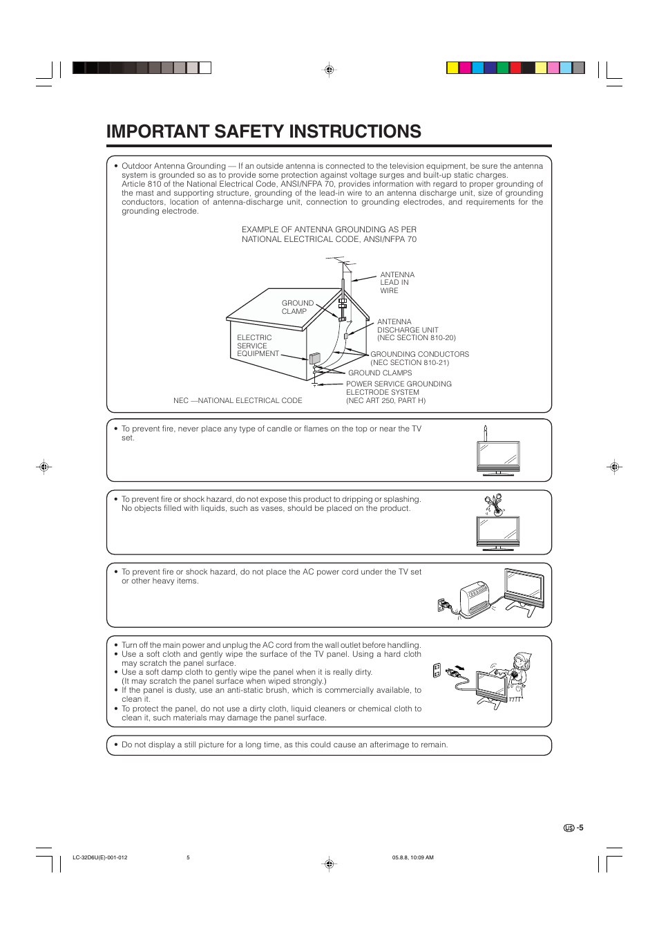 Important safety instructions | Sharp Aquos LC 32D6U User Manual | Page 6 / 61