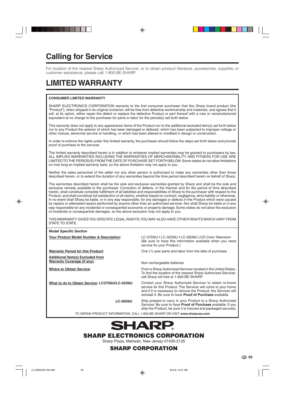 Calling for service, Limited warranty, Sharp electronics corporation | Sharp corporation | Sharp Aquos LC 32D6U User Manual | Page 60 / 61