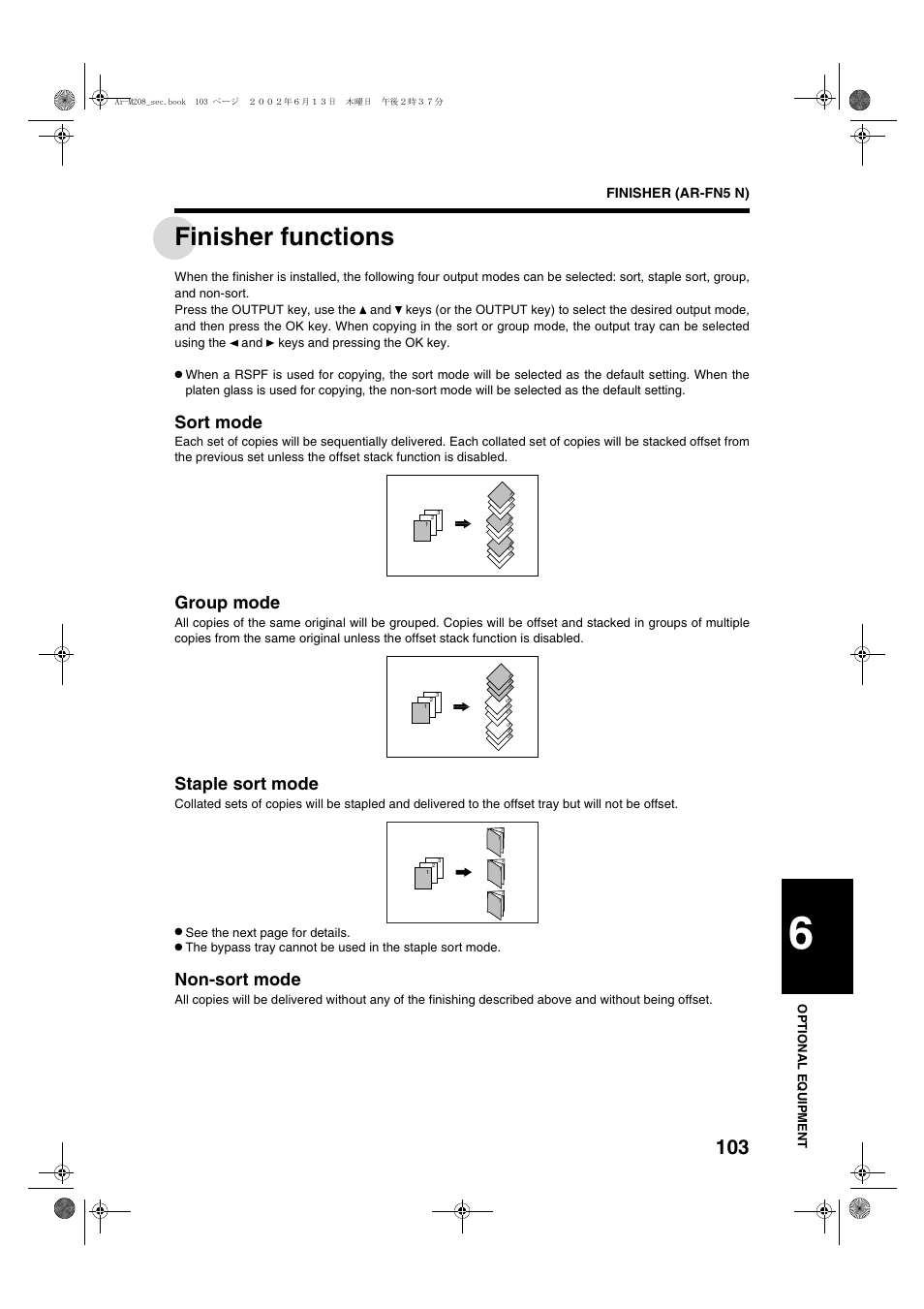 Finisher functions, Sort mode, Group mode | Staple sort mode, Non-sort mode, Finisher (ar-fn5 n) | Sharp T FOUND AR-M208 User Manual | Page 105 / 128